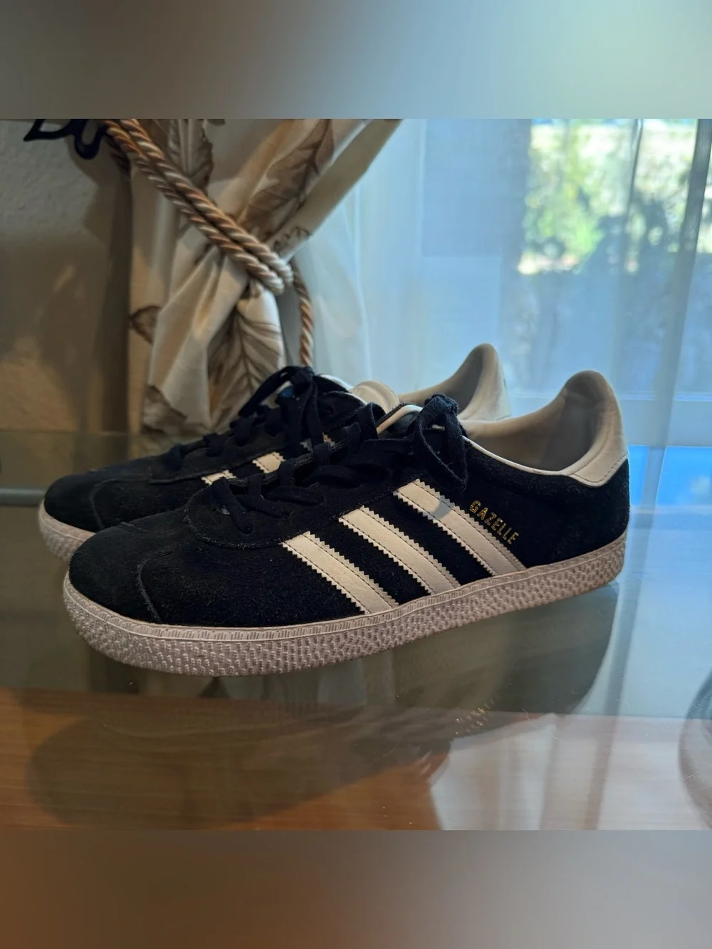 Beautiful Adidas Gazelle Black with White Stripes Womens 5 1/2